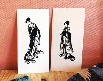 Grabado en linóleo de "Las damas en kimono" de Hokusai - Impresión hecha a mano