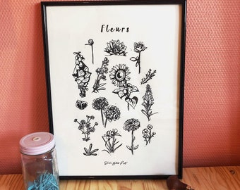 Flores en linóleo - Póster de Historia Natural - Impresión manual. Flores en linóleo - Póster de Historia Natural