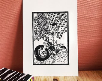 Linograbado Akira 01 - Katsuhiro Otomo - Impresión manual. Linograbado Akira 01 - Impresión artesanal.