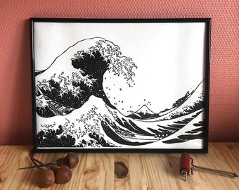 Logravure La Vague - Hokusai - Impreso a mano. Linocut The Wave - Hokusai - Impresión hecha a mano