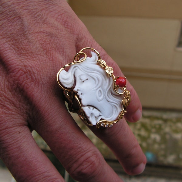 Profil einer Frau Muschel-Cameo-Ring Gioielli, handgefertigt, hergestellt in Italien