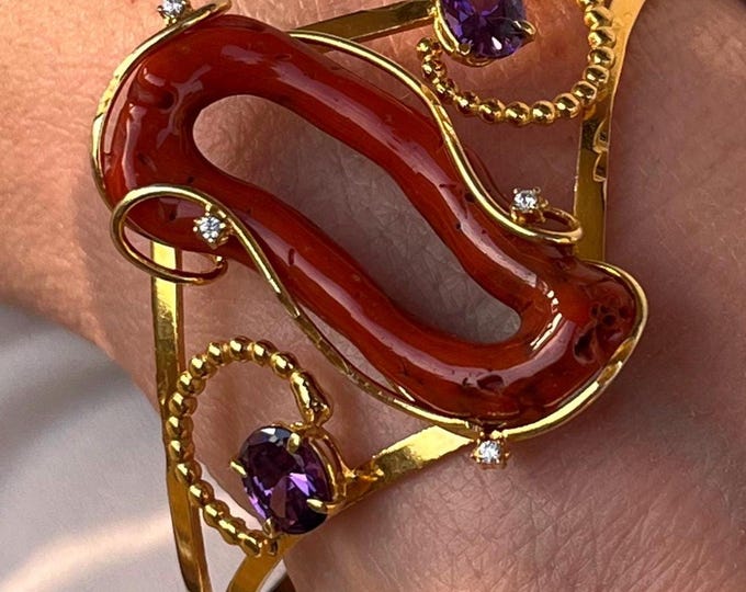 Unique Coral Bangle, Authentic Mediterranean Red Coral Bracelet, Amethyst Gemstones, Gold 18 , Over Silver, Handmade in Italy, Adjustable