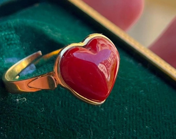 Natural coral heart ring, Italian artisan gold bezel, heart of love