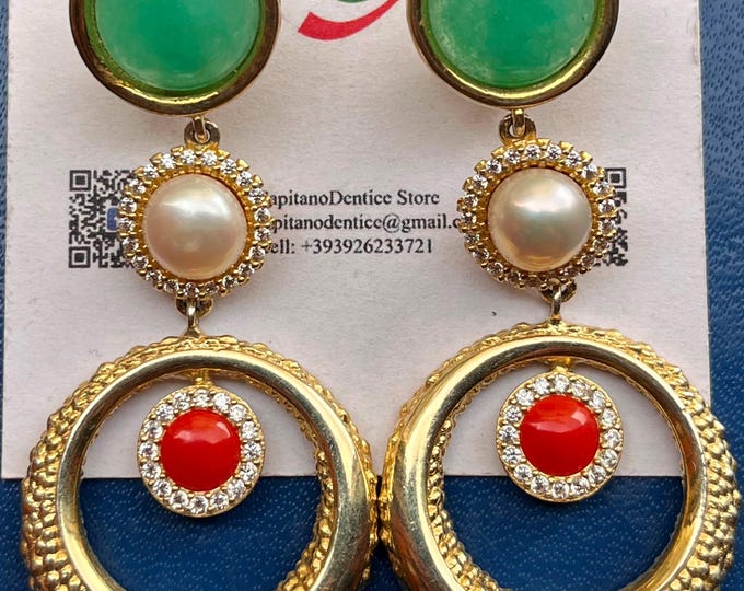 Chrysopazio statement earrings, coral center and pearl accent, artisan made in Italy