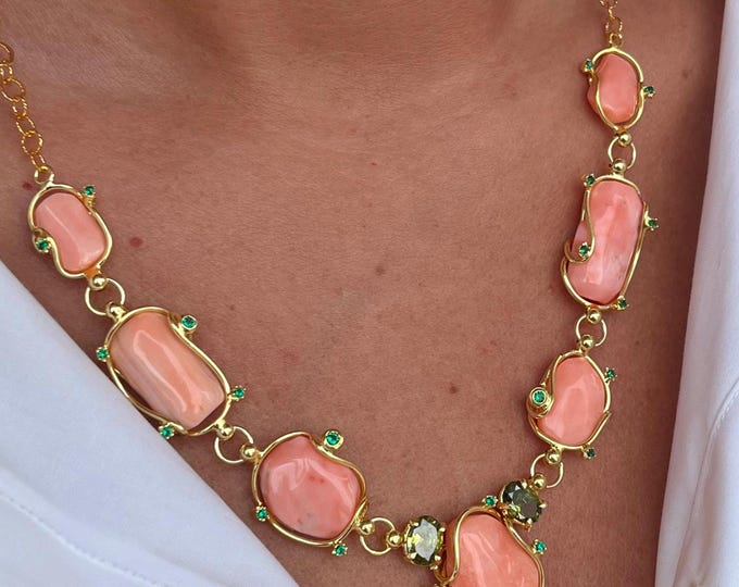 Handmade Italian pink coral necklace, modern choker, 18k gold tone, emerald green details
