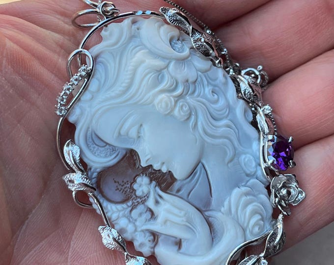 Carved shell cameo museum quality hand-engraved genuine Handmade woman profile nymph among the flowers