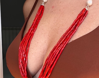 Authentic Coral and Pearl Statement Necklace, handmade in Italy, multi strand, originality certificate