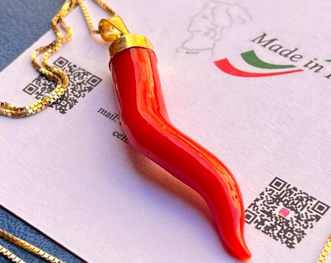 Red Coral Horn Amulet, 18k Gold Plated Sterling Silver, color red dark - AKA