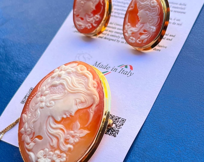 18k Gold Shell Cameo Jewelry Set – Convertible Pendant Brooch, Earrings – Italian Artisan Made
