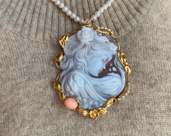 Collana perle cammeo retrò, catena dorata, gioielli moda donna, regalo anniversario, gioielli vintage