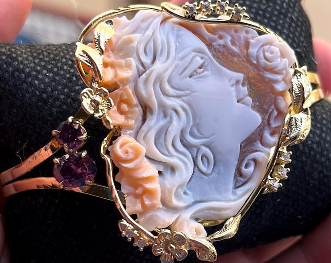 Hand Carved Shell Cameo Bracelet: 925 Sterling Silver, Floral Jewelry