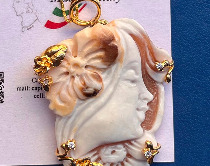Hand Carved Shell Cameo Pendant, 18K Gold Plated Sterling Silver, Floral Woman Profile
