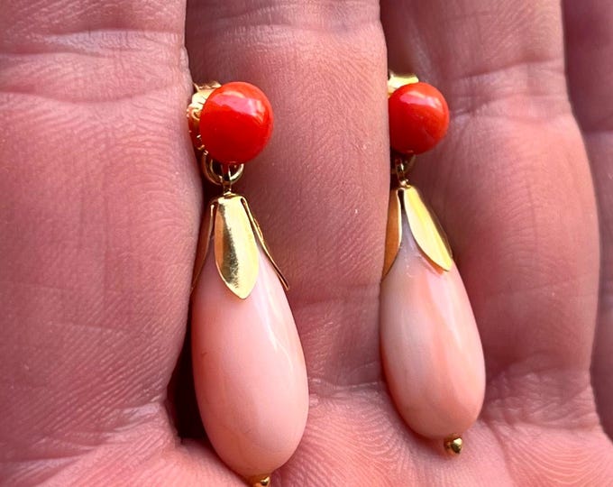 18K Gold Vermeil Coral Dangle Earrings, Handmade Sterling Silver