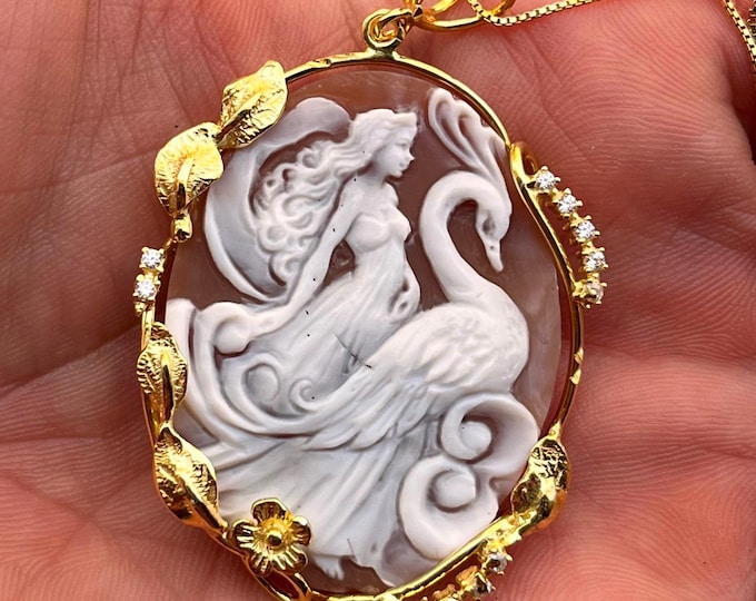 Hand Carved Cameo Pendant Necklace: Sardonic Shell, 925 Silver, The Myth of Leda and the Swan