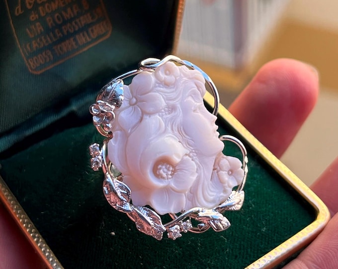 Handmade Shell Cameo Ring 925 Silver, Size 7 Adjustable , Made in Italy,