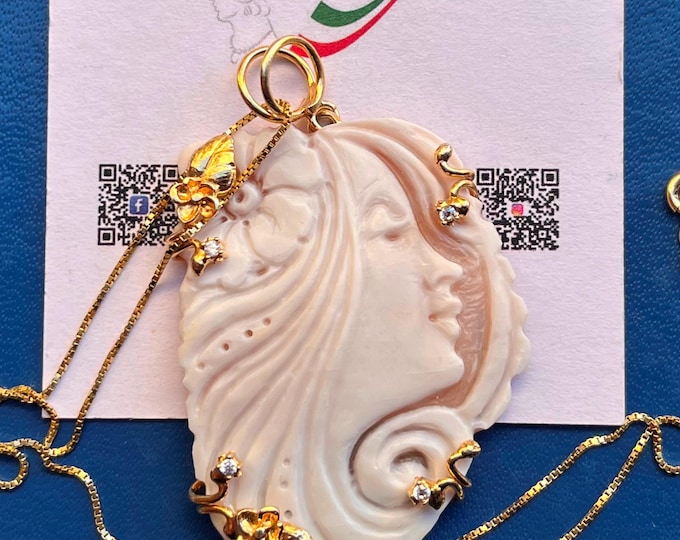 Antique Italy Shell Cameo Brooch Pendant: 925 Sterling Silver, Torre del Greco