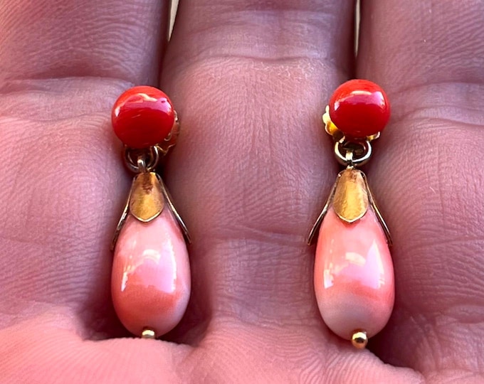 18K Gold Vermeil Coral Dangle Earrings, Handmade Sterling Silver