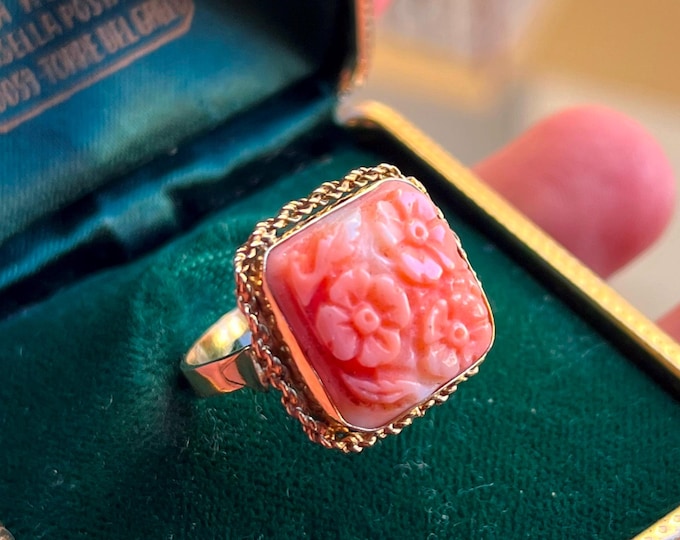 Hand-Carved Red Coral Flower Ring, 18K Gold Vermeil, Italian Artisan Jewelry