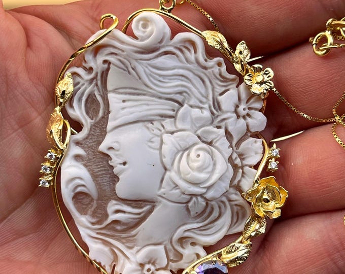 Antico cammeo mitologico vittoriano del 1880 in Argento 925 raffigurante Dea bendata portafortuna