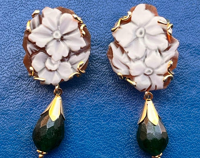 Handcrafted Cameo Flower Earrings, Handmade Earrings, Engraving Earrings, Elegant Gift For Her, Bridesmaid Jewelry