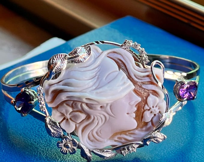 Hand Carved Shell Cameo Bracelet: 925 Sterling Silver, Floral Jewelry