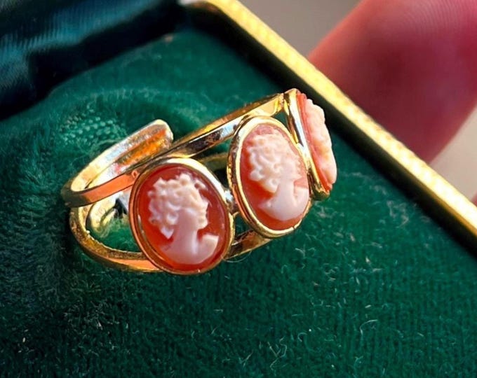 Shell cameo trilogy ring, handmade in Italy, gold adjustable band, three carved cameos