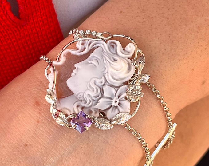 925 Silver Cameo Bracelet, Floral Woman Portrait, Purple Quartz, Adjustable 18cm, Luxury Gift