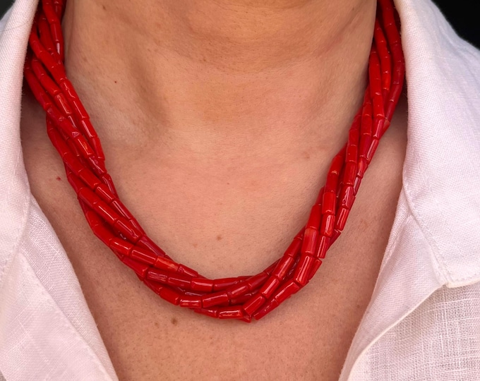 Torchon Coral Bead Necklace: Sardinia Red Coral, Sterling Silver Clasp