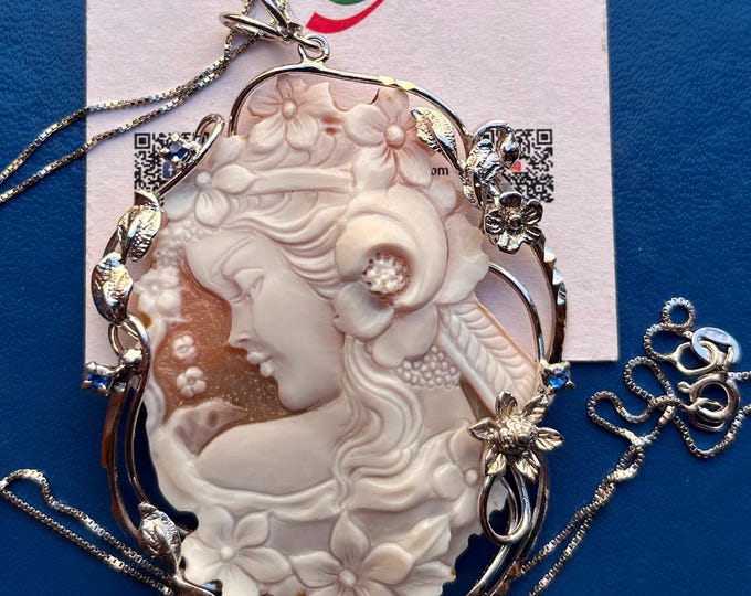 Hand Carved Sardonyx Shell Cameo Necklace, Sterling Silver Floral Jewelry