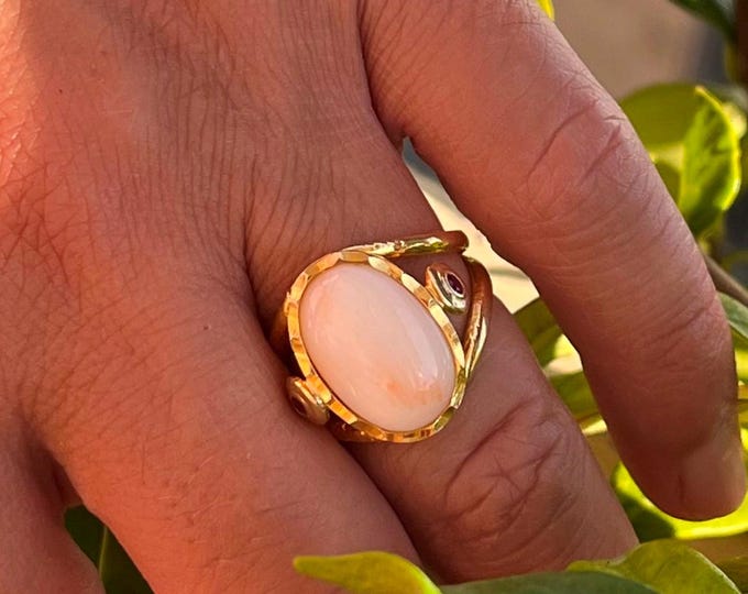 Coral Pink Ring: 18K Gold, Handmade Italian Jewelry, Size 7.5