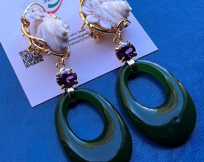 Handmade Cameo Earrings: Sardonic Shell, green agate, purple amethyst, Gold-Plated Silver