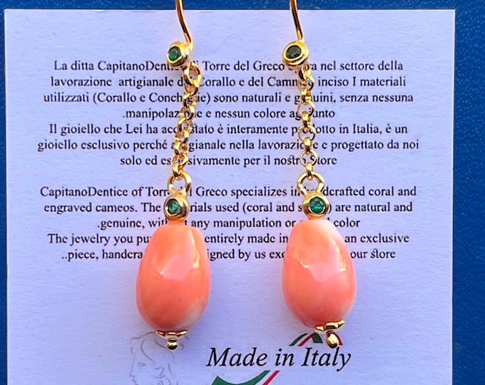 Pink coral dangle earrings, natural angel skin drops, gold chain, Italian made
