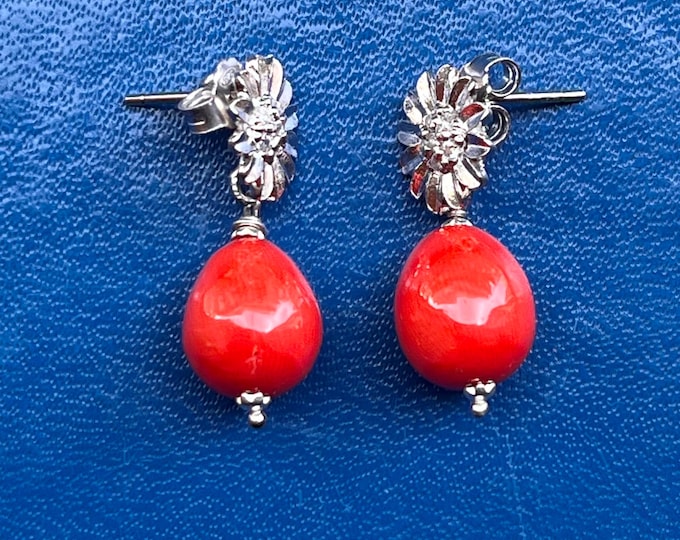 Vintage Style Sardinia Coral Drop Earrings, 925 Silver