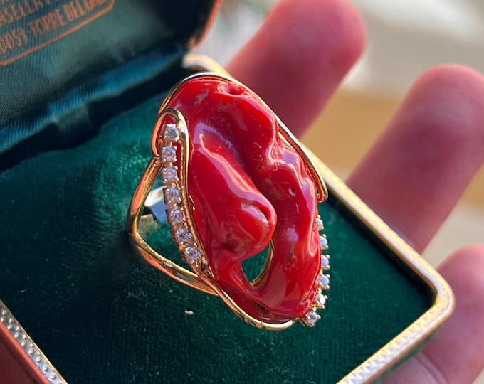 Handmade Italian red coral ring, gold adjustable band, unique statement