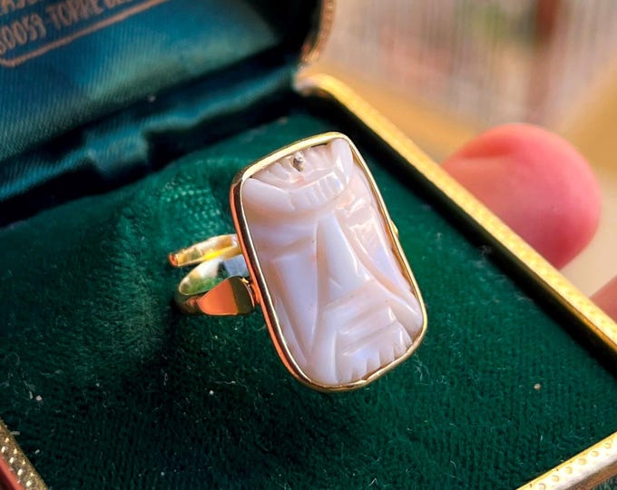 Men’s pink coral signet ring | Hand carved wise man face 22x14mm | 925 silver 18k yellow gold plated | Italian artisan jewelry