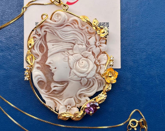 Lady Luck cameo necklace, authentic hand-carved shell, made in Italy, amethyst, violet