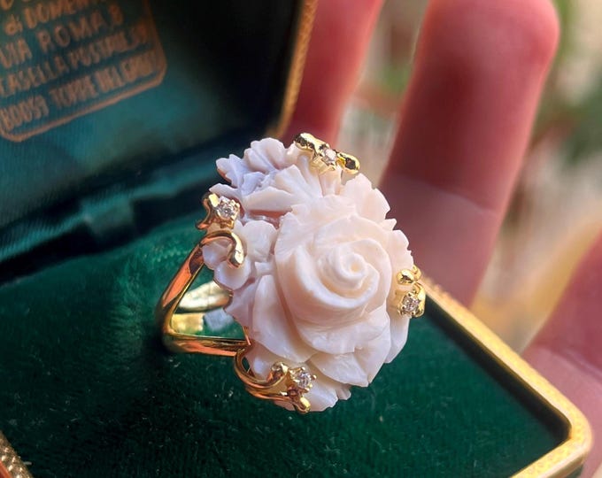 shell cameo rose ring, handmade, gold plated setting, statement floral jewelry