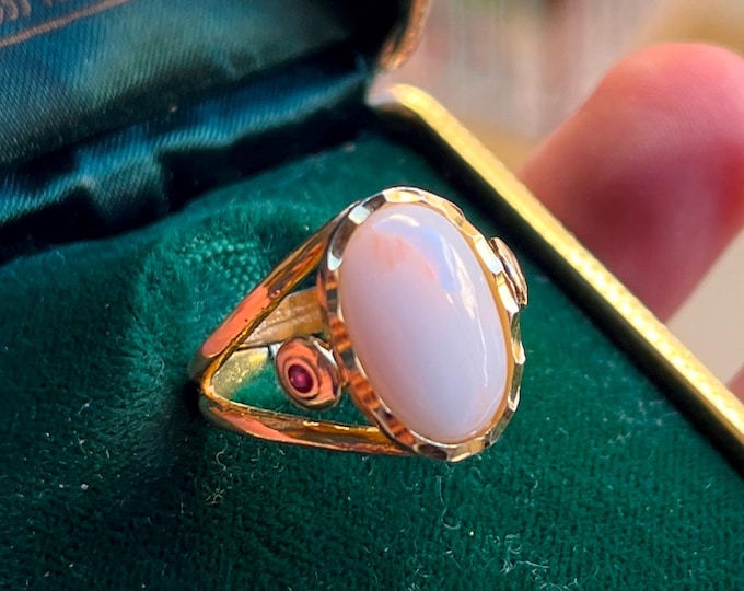 Natural Pink Coral Ring with Ruby Accents, Authentic Italian "Angel Skin" Color, 18k Gold, Adjustable Double Band, Made in Torre del Greco