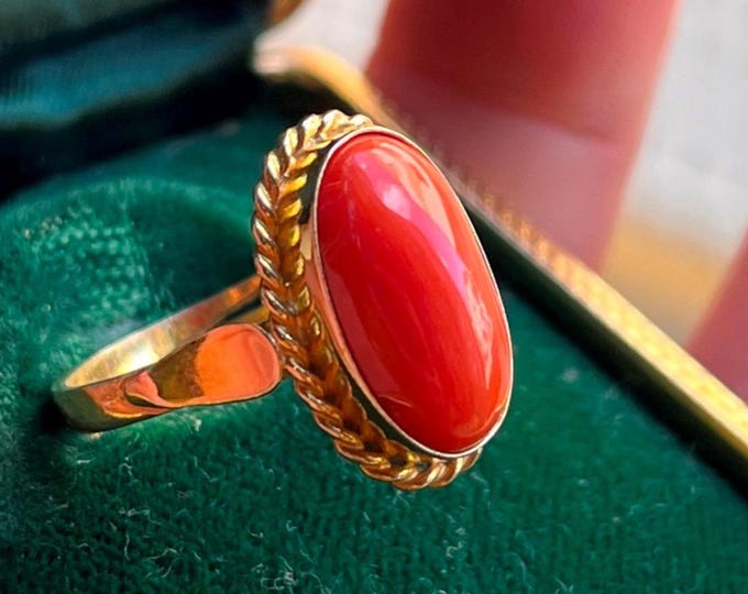 red coral ring, genuine gemstone, Silver 925 yellow gold adjustable shank, handmade