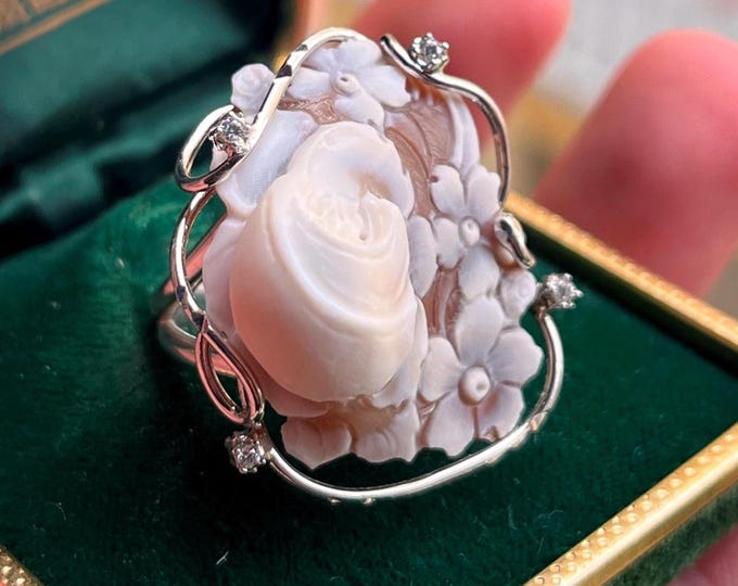 Hand Carved Cameo Rose Bud Statement Ring, 925 Sterling Silver, Adjustable Size, Italian Artisan Jewelry