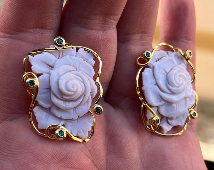 Rose cameo clip-on earrings, handmade in Italy, floral shell, modern