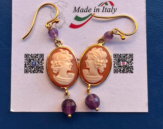 Torre del Greco Cameo Drop Earrings, Amethyst, Gold Planted Sterling Silver, Handdmade Italian Jewelry