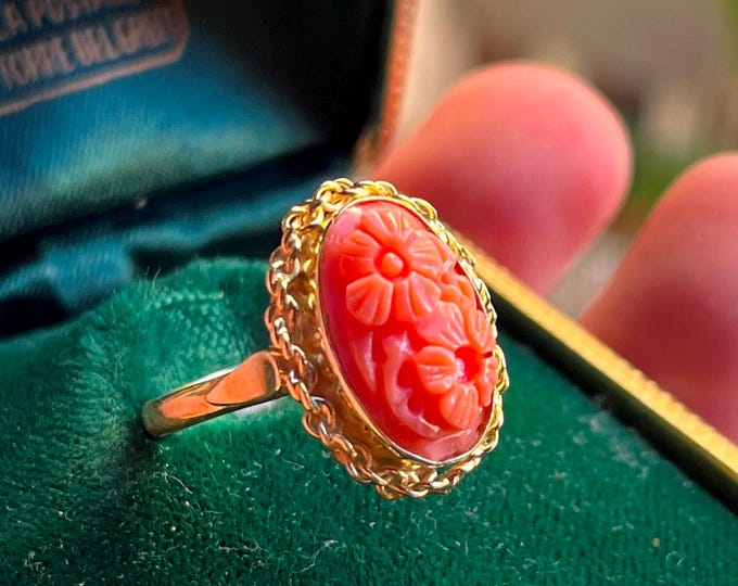 Hand-Carved Red Coral Flower Ring, 18K Gold Vermeil, Italian Artisan Jewelry