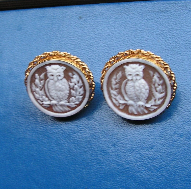 May include: A pair of gold tone earrings with a cameo of an owl on each. The owl is white and the cameo is set in a brown background.