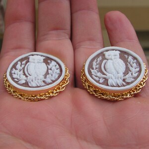 May include: A pair of gold tone earrings with a cameo design featuring a white owl on a brown background. The owls are surrounded by a gold chain.