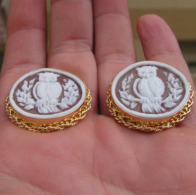 May include: A pair of gold tone earrings with a cameo design featuring a white owl on a brown background. The owls are surrounded by a gold chain.