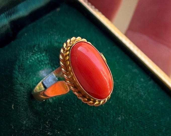 Sardinian red coral ring, real cabochon gem, handcrafted in Italy, adjustable band