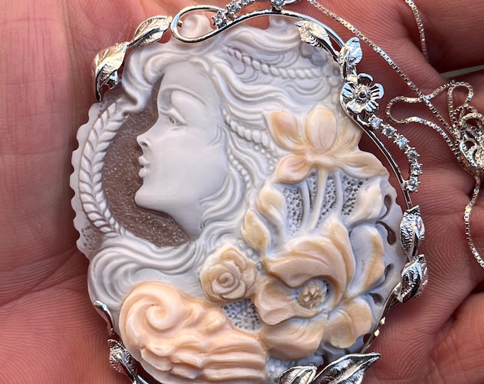 Large Hand-Carved Shell Cameo Necklace 60x45mm – 925 Sterling Silver Platinum-Plated Pendant – Victorian Style Handmade Gift for Her