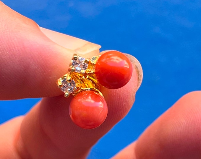 Gold Stud Earrings, Ball Real Coral Earrings, Made in Italy, Coral Gold Earrings, Luxury Gift, Jewelry