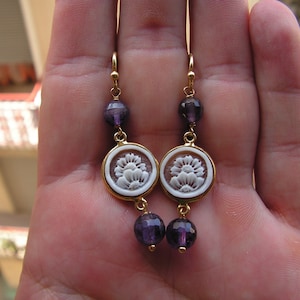 Ametista Viola Orecchini Fiori, Stile Floreale, Artigianale, Cammeo Conchiglia, Regalo Mamma, Orecchini Donna